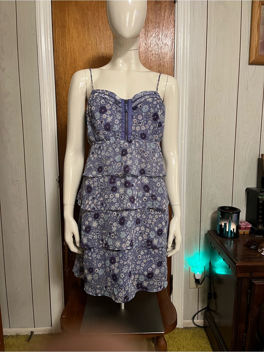 American Eagle Outfitters Lavender Blue Floral Tiered Spaghetti-Strap Dress